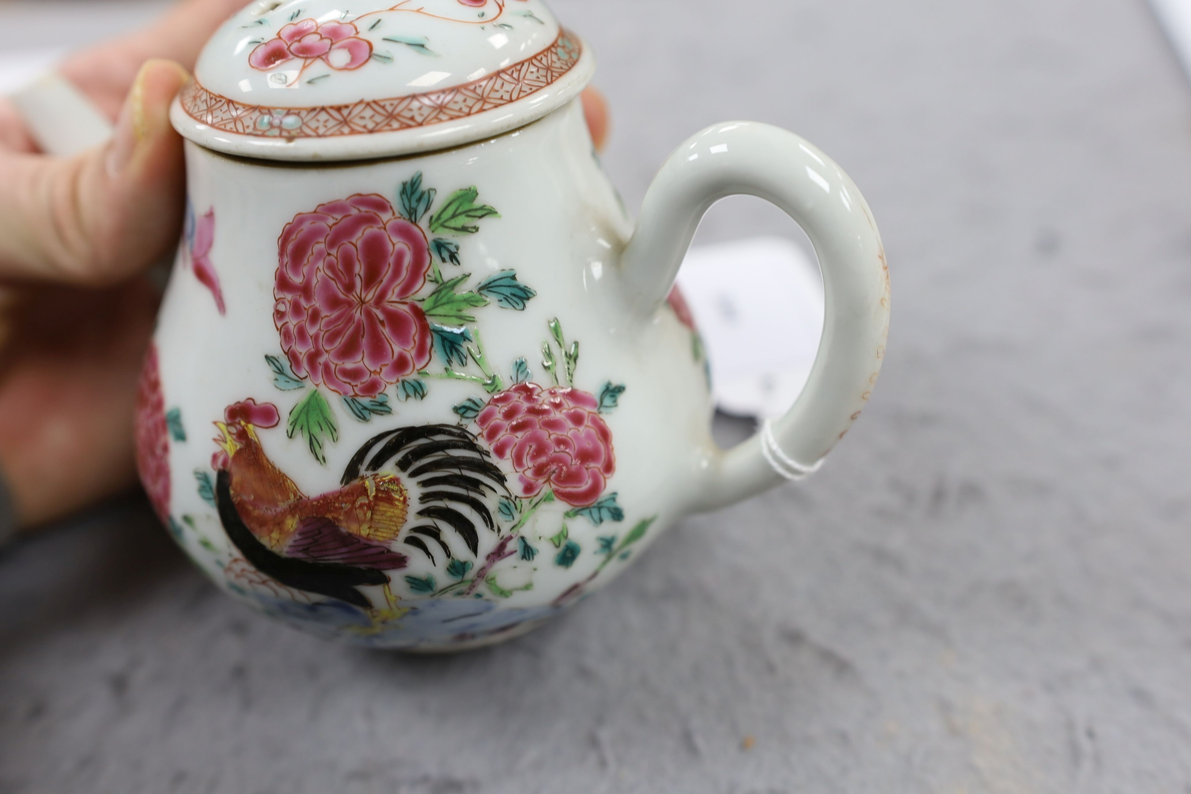 A Chinese famille rose ‘cockerel’ teapot, Yongzheng period, 12 cms high, 11.5cm high